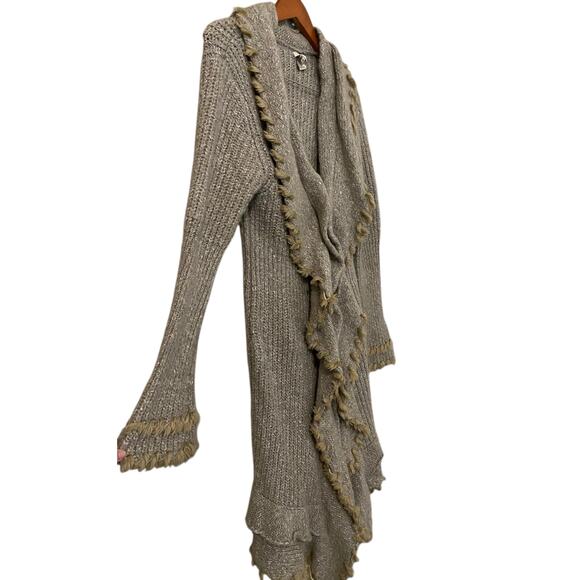 Escio Anthropologie Long Cardigan Sweater Medium Wool Blend Ruffle Fringe Boho - Picture 10 of 10